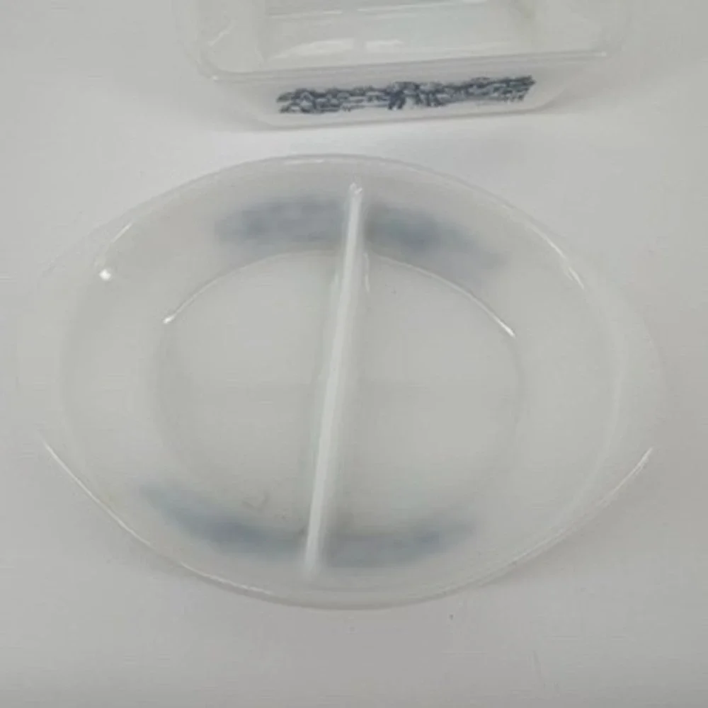 Vintage Currier Ives Milk Glass Blue Scenic Farm Loaf Pan Divided Casserole Dish